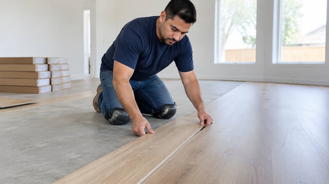 Flooring installer laying luxury vinyl plank