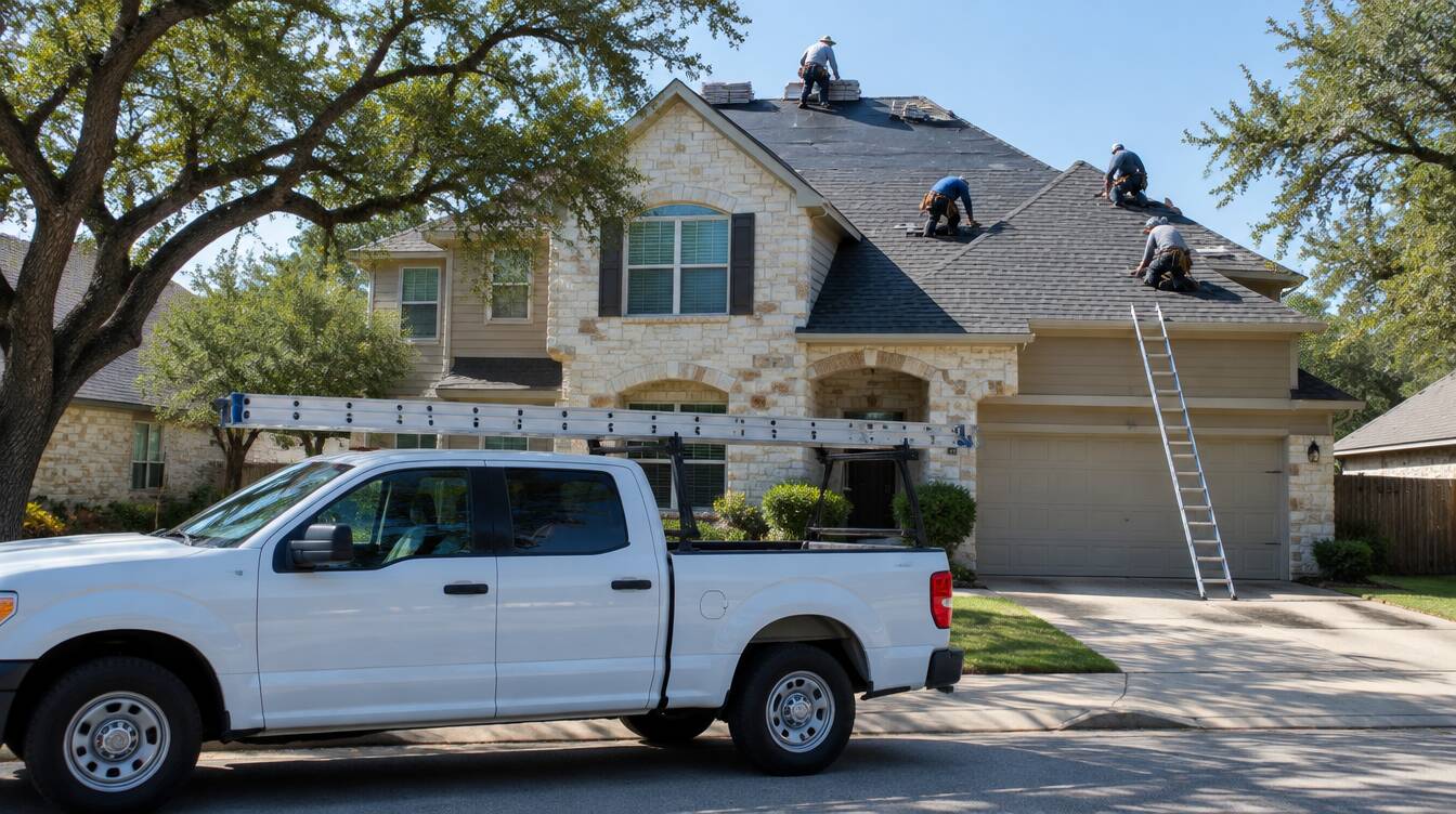 Roofing crew working on a two-story home with their truck parked out front