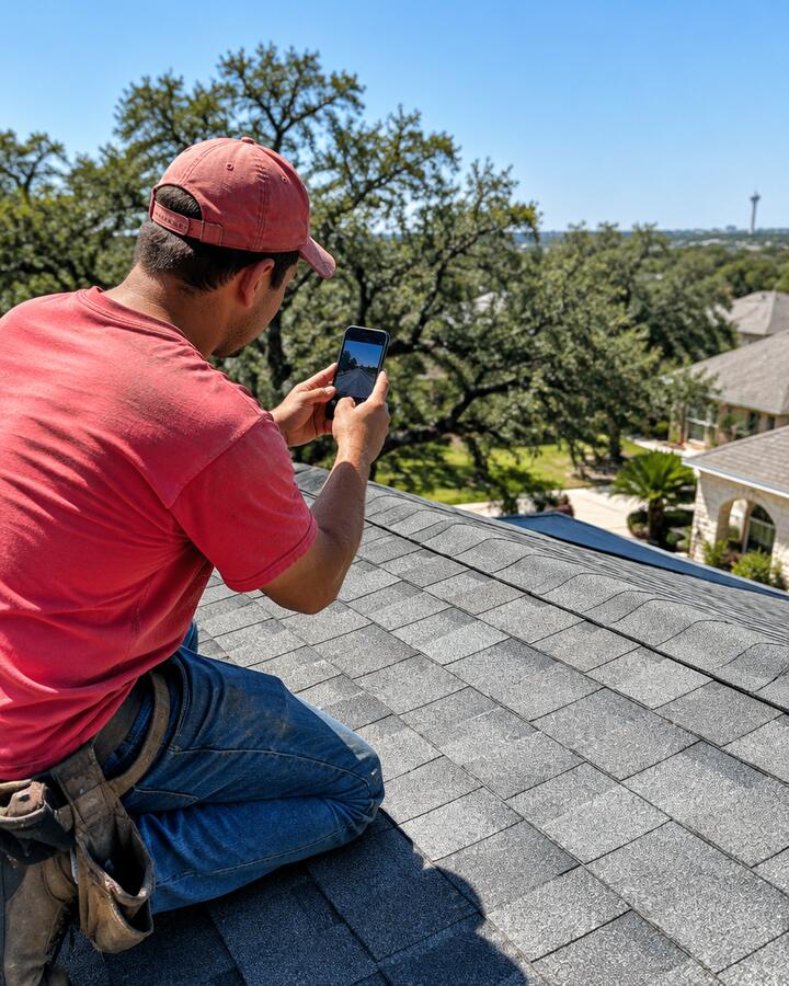 Roofer taking a photo of a finished roof with his phone