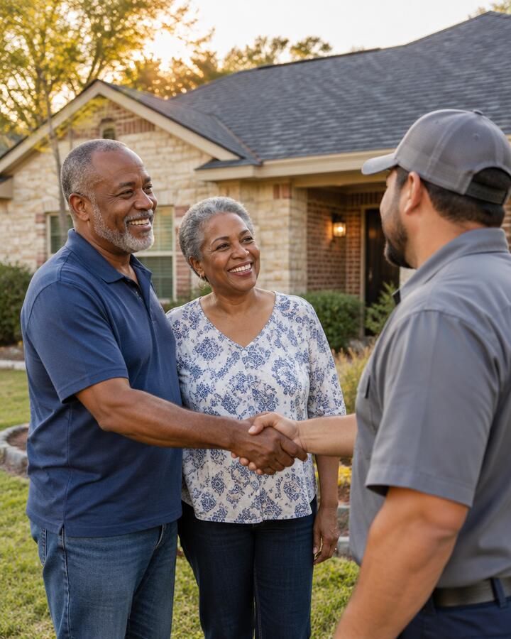 Homeowner couple shaking hands with their roofer in front of their house